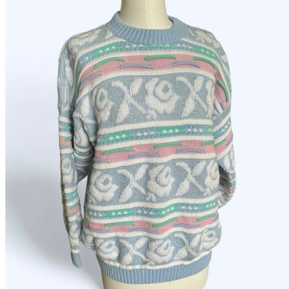 Vintage 80s Rose Pastel Sparkle Coogi Style Chunky Knit Sweater Fairy Kei M/L - Picture 9 of 10